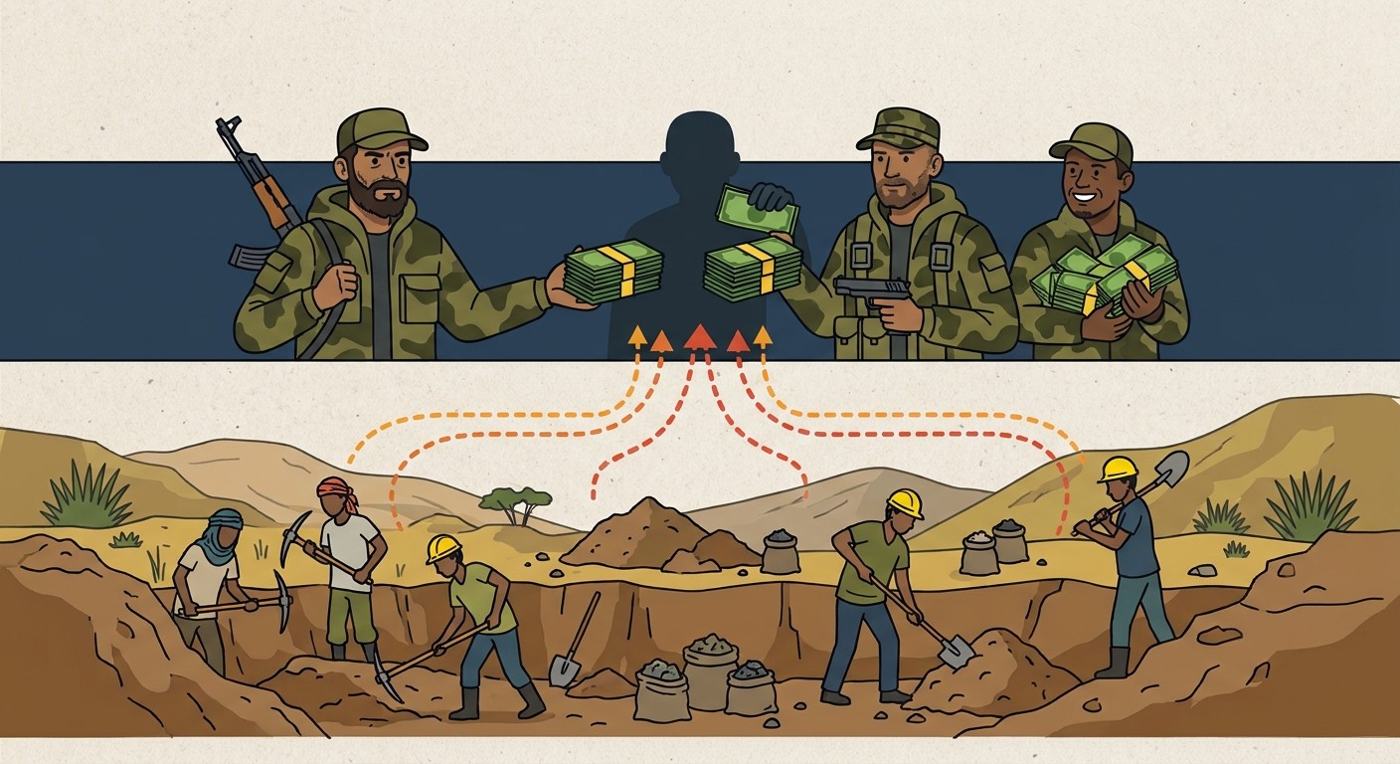 Illustration : des creuseurs artisanaux extraient de l’or dans une mine à ciel ouvert tandis que, au-dessus, des hommes armés en treillis s’échangent des liasses de billets ; des flèches montrent la valeur qui remonte de la mine vers les combattants.