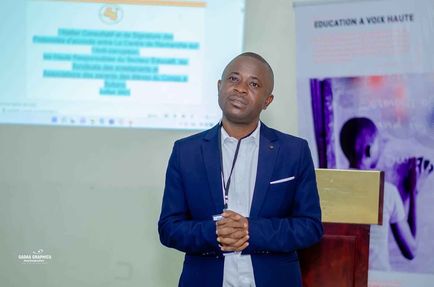 Un intervenant à l’atelier de consultation sur l’éducation à l’intégrité, Kinshasa, juillet 2022